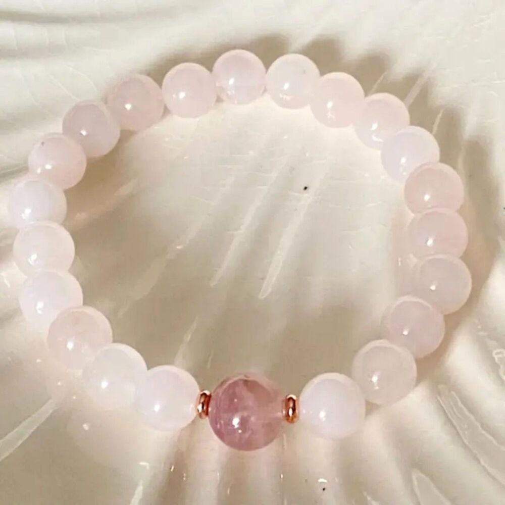 Natural Rose Quartz Beaded Bracelet Pink & White Crystal Gemstone Boho Chakra